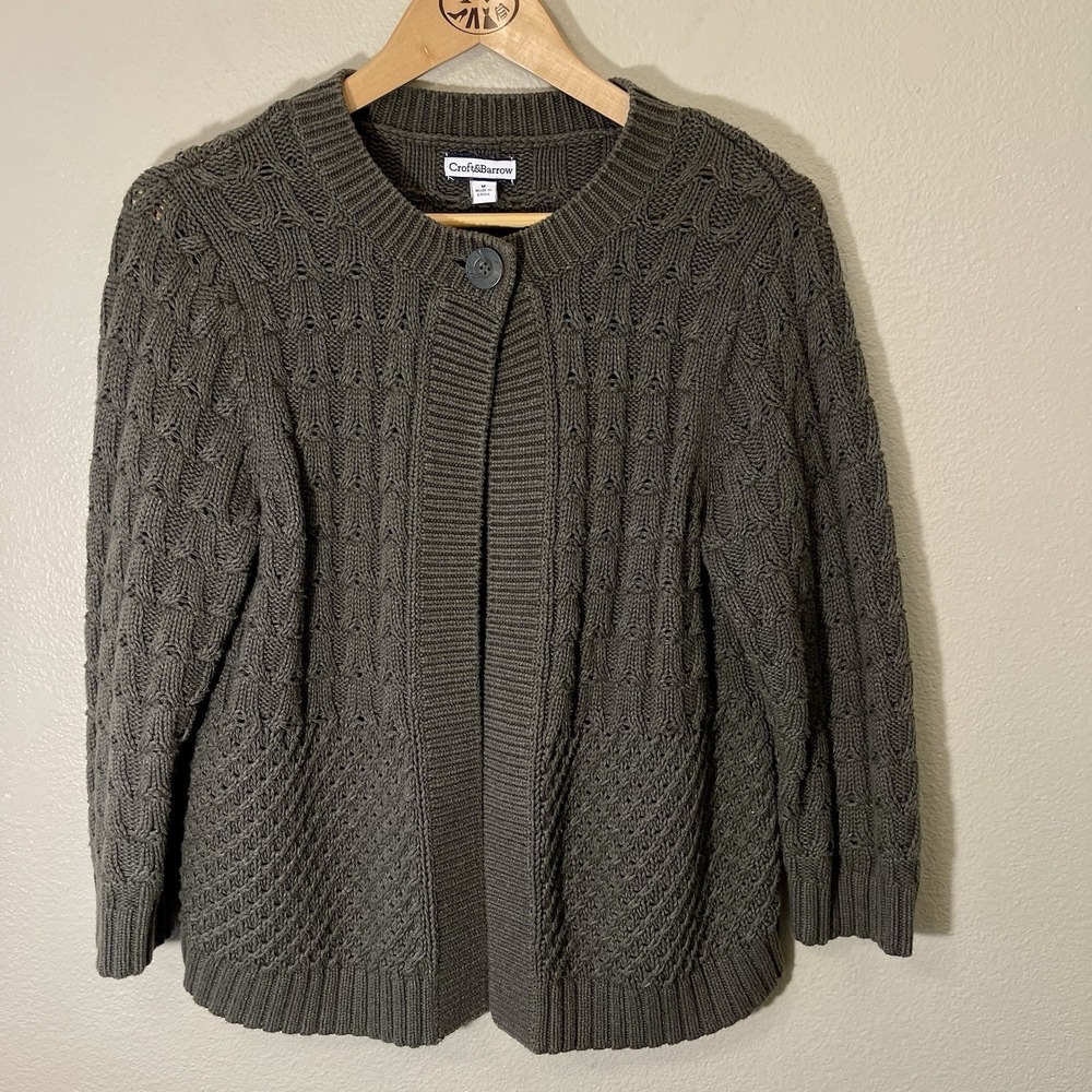 Croft & Barrow Chunky Knit Cardigan Textured Olive Green Nature Cottage Size M
